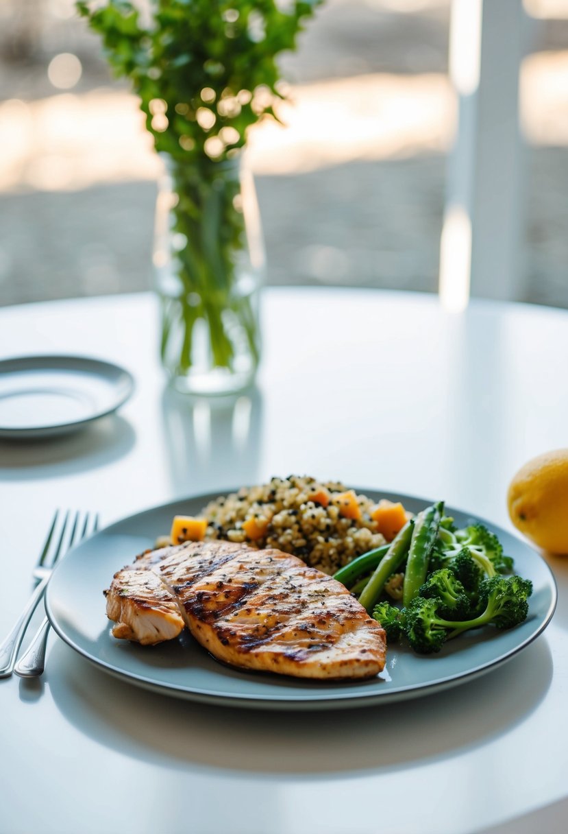 A plate with grilled chicken, quinoa, and a side of vegetables, set on a clean, white table