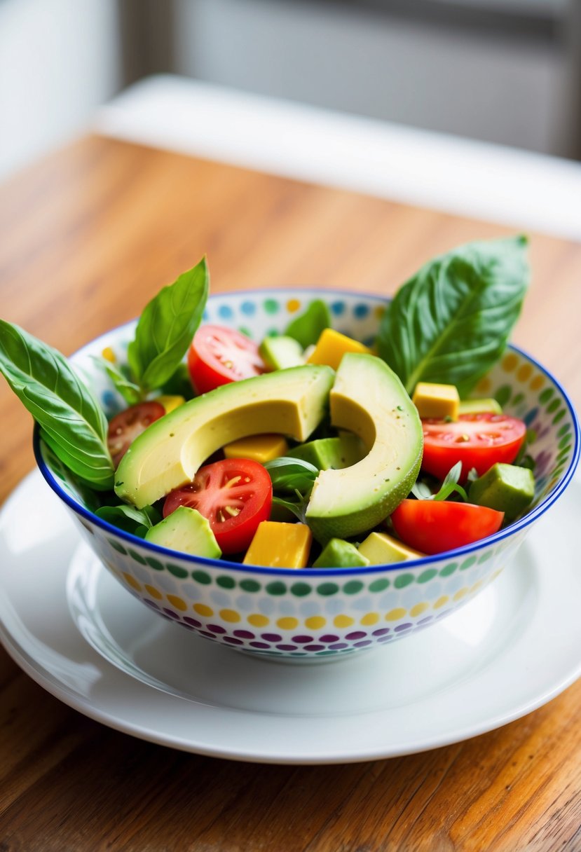 A colorful salad bowl with avocado, tomato, and basil leaves, set on a clean, white plate