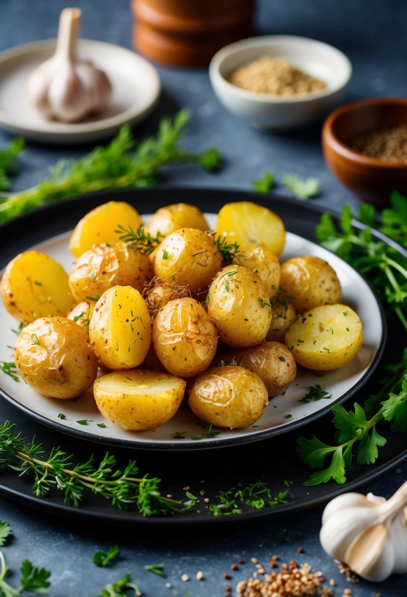 A plate of golden roasted garlic potatoes surrounded by fresh herbs and spices