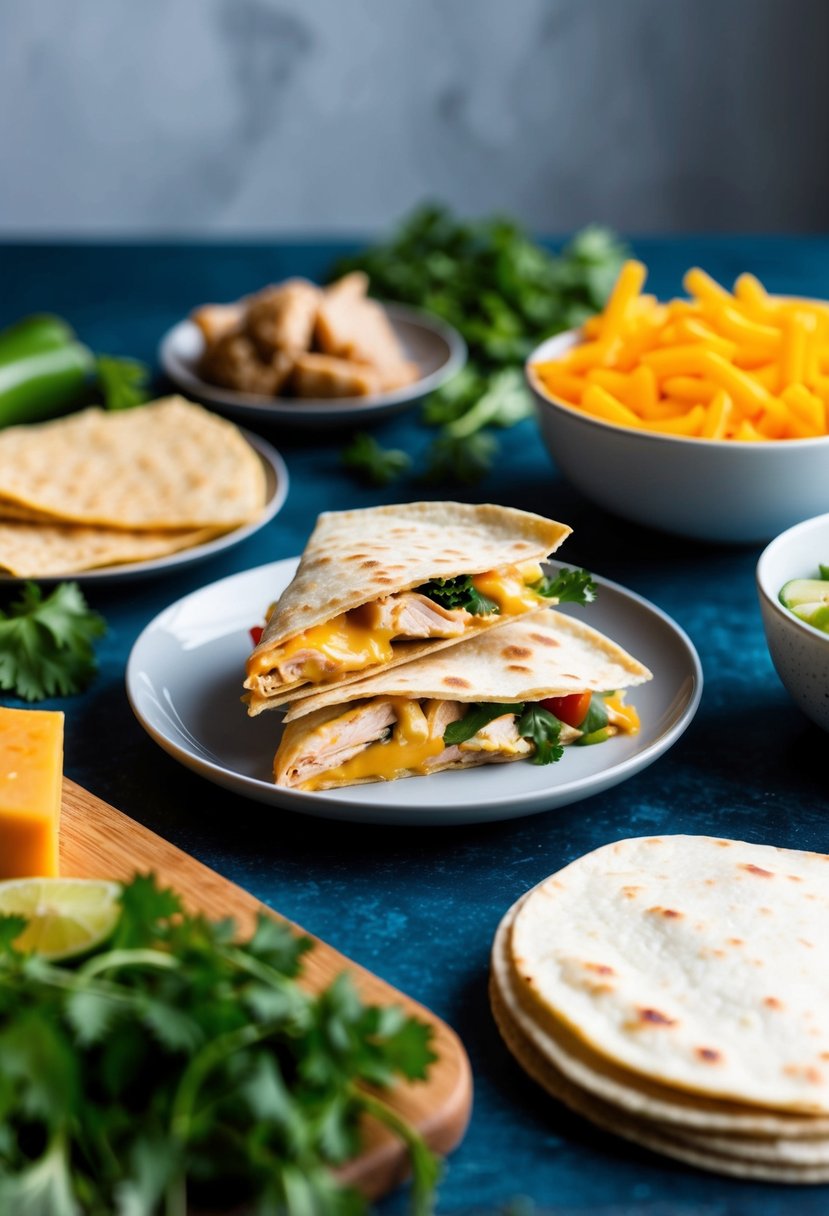 A table set with ingredients for baked chicken quesadillas, including chicken, cheese, tortillas, and vegetables, with a focus on healthy, gallbladder-friendly options