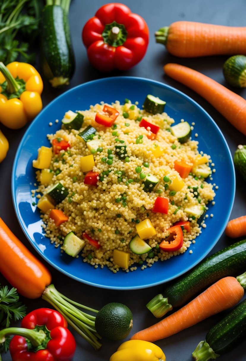 A colorful plate of couscous mixed with a variety of fresh vegetables, such as bell peppers, zucchini, and carrots, arranged in an appealing and appetizing manner