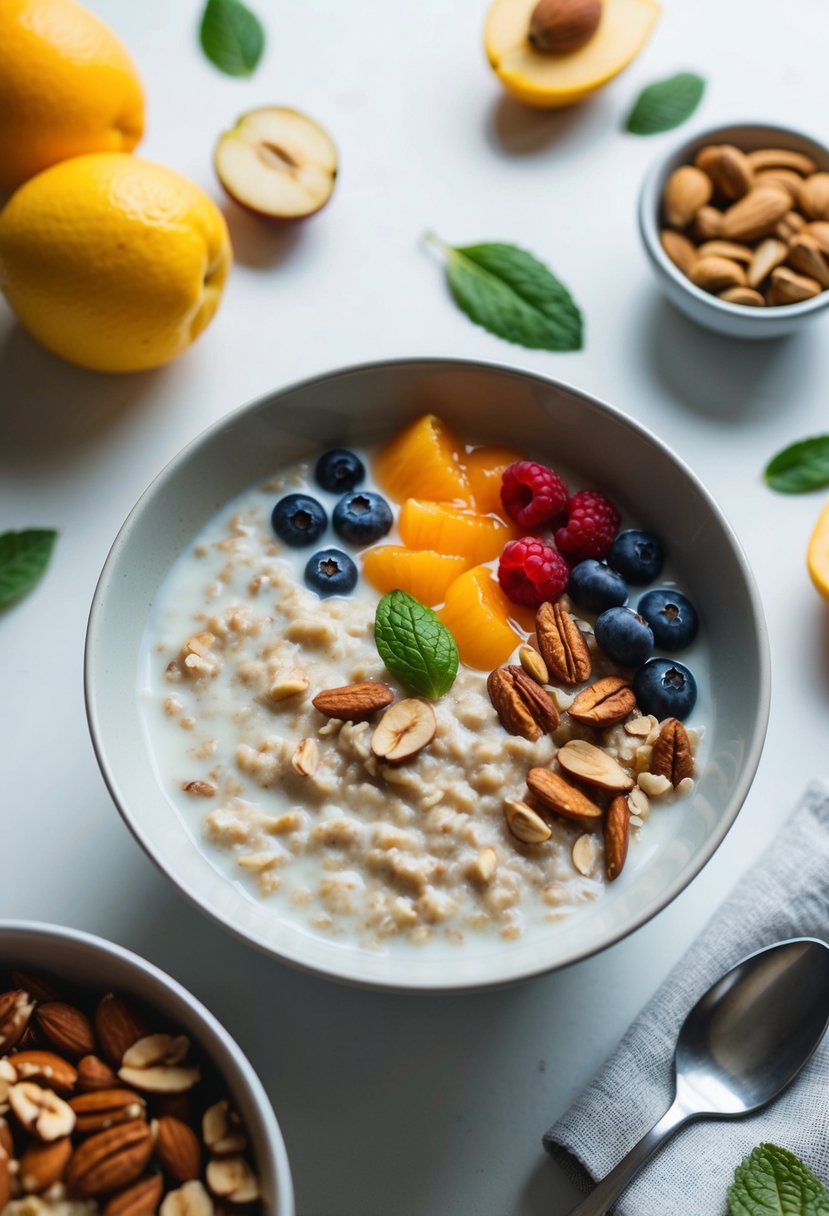 A bowl of oatmeal with almond milk, surrounded by a variety of fresh fruits and nuts, on a clean and simple table setting