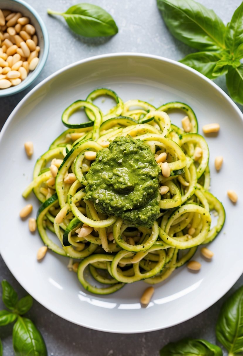 A colorful plate of zucchini noodles topped with vibrant green pesto sauce, surrounded by fresh basil leaves and pine nuts