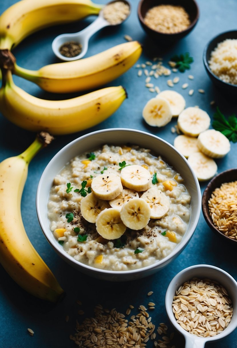 A bowl of banana and rice porridge surrounded by various ingredients like bananas, rice, and oats