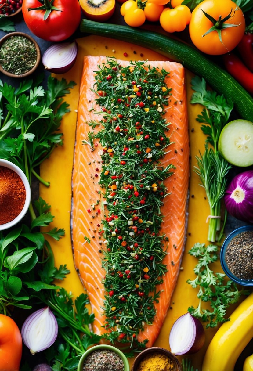 A vibrant array of fresh herbs and spices covering a succulent salmon fillet, surrounded by colorful, nutrient-rich vegetables and fruits