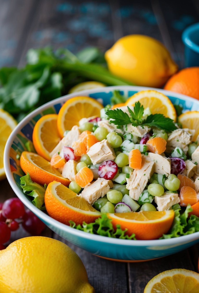 A colorful bowl filled with lemon orange chicken salad surrounded by fresh fruits and vegetables