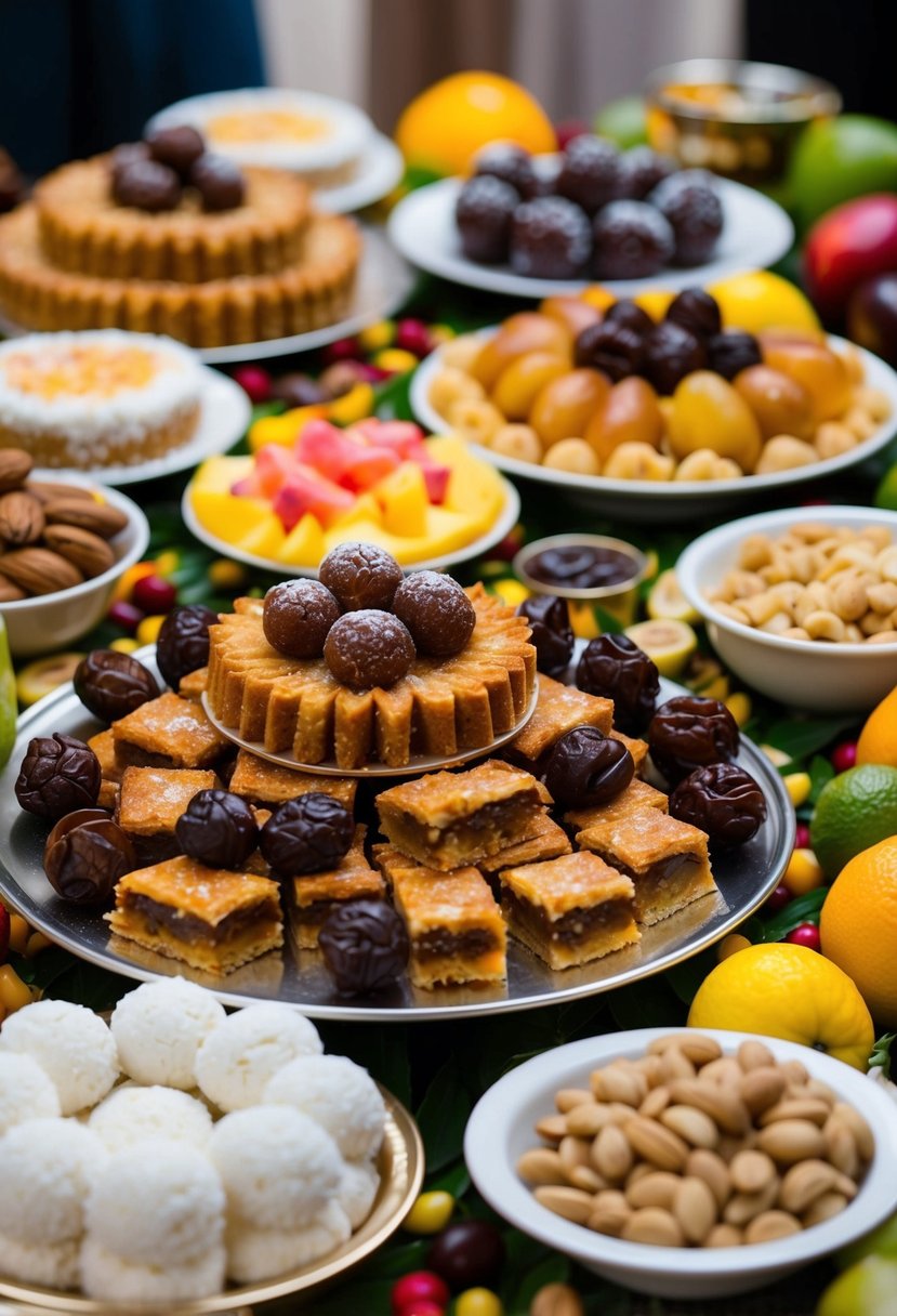 A table filled with various halal desserts, including baklava, date balls, and kunafeh, surrounded by colorful fruits and nuts