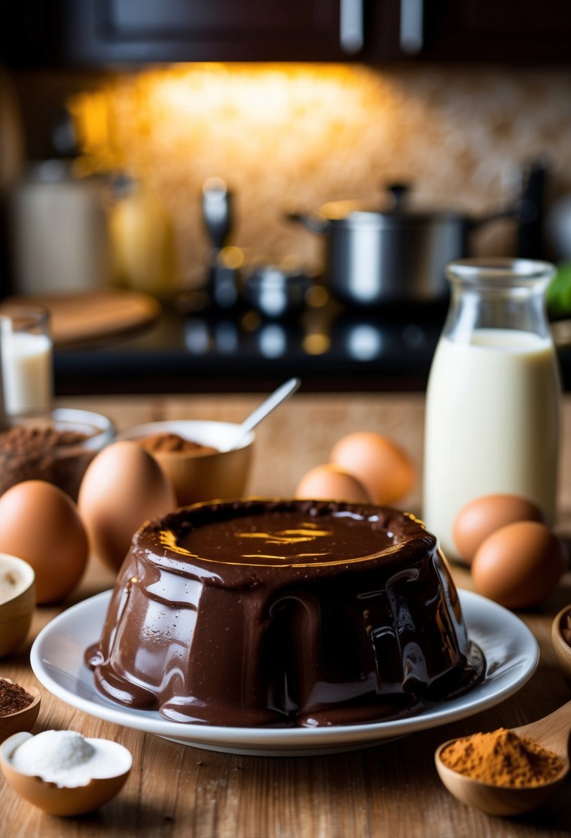 A rich, gooey chocolate pudding sits in a halal kitchen, surrounded by ingredients like cocoa powder, eggs, and milk. A warm, inviting glow emanates from the dessert, tempting anyone who sees it