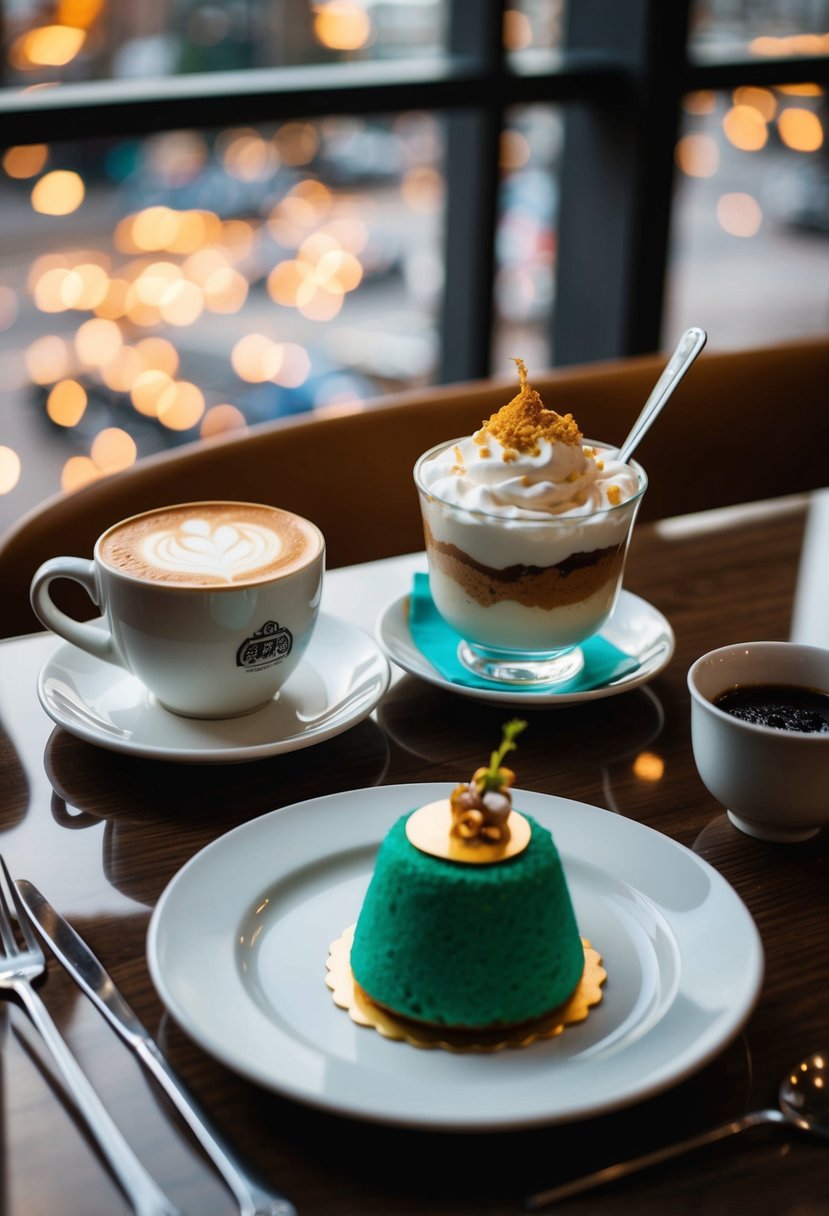 A table set with a cappuccino, falooda, and halal desserts