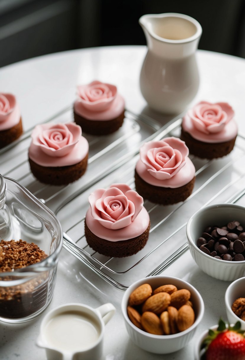 A table set with mini rose milk cakes and dessert ingredients