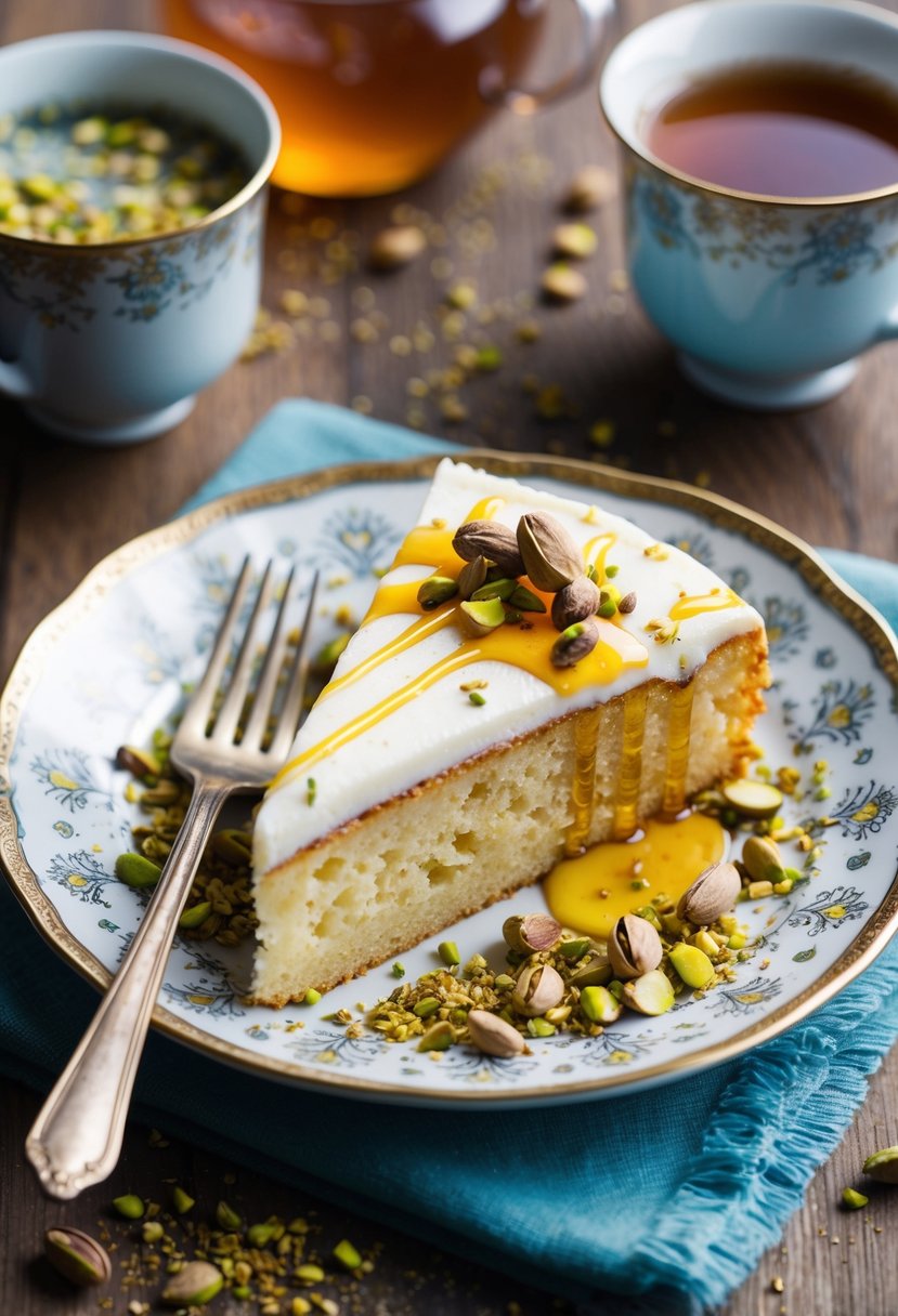 A slice of pistachio milk cake on a decorative plate, surrounded by crushed pistachios and a drizzle of honey, with a cup of hot tea next to it