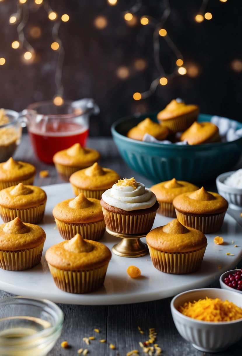 A table covered with freshly baked barfi cupcakes and ingredients