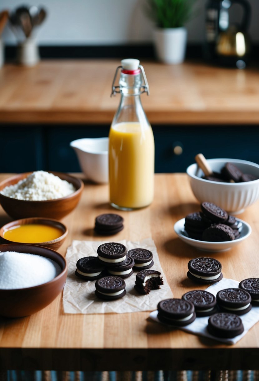 A table set with ingredients and utensils for making Oreo truffles