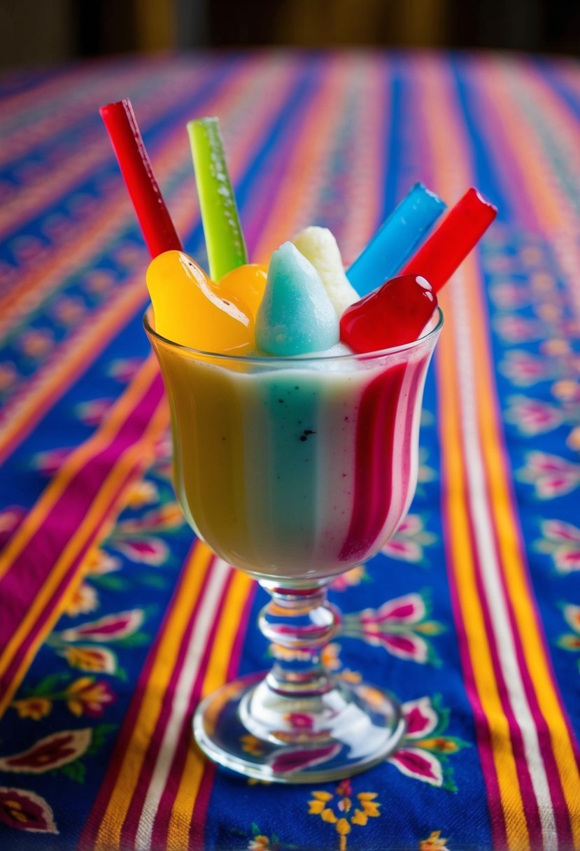 A colorful glass of falooda and jelly mix dessert on a patterned tablecloth