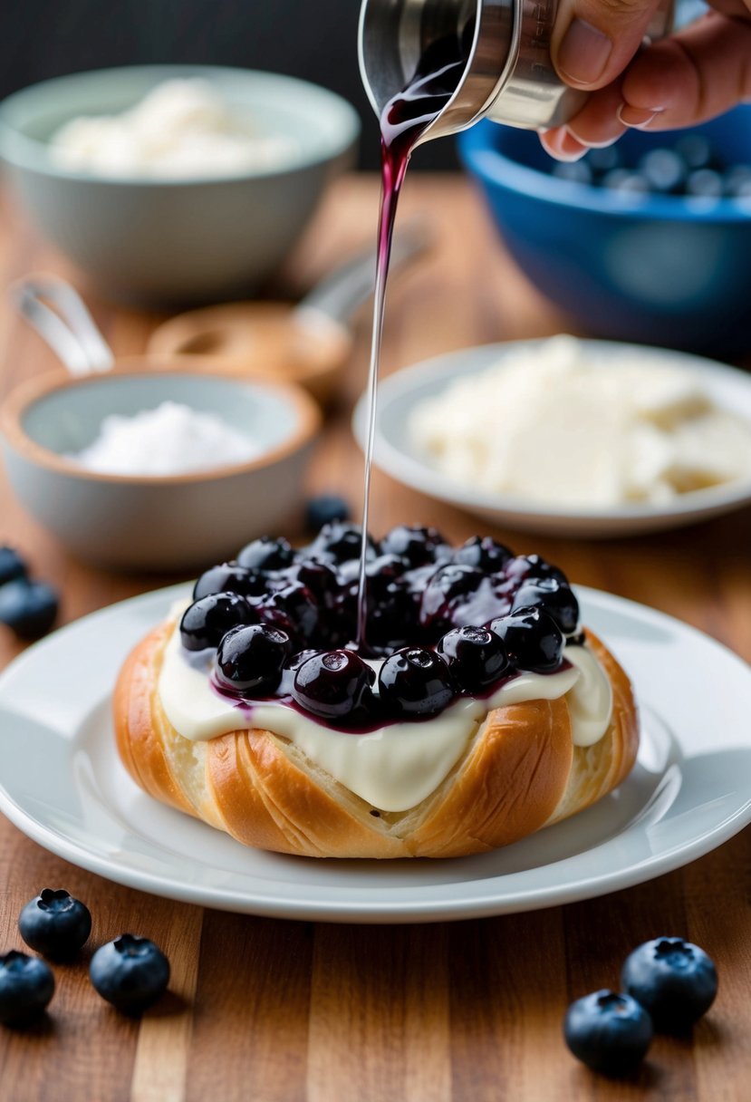 A blueberry cream cheese danish being prepared with halal ingredients