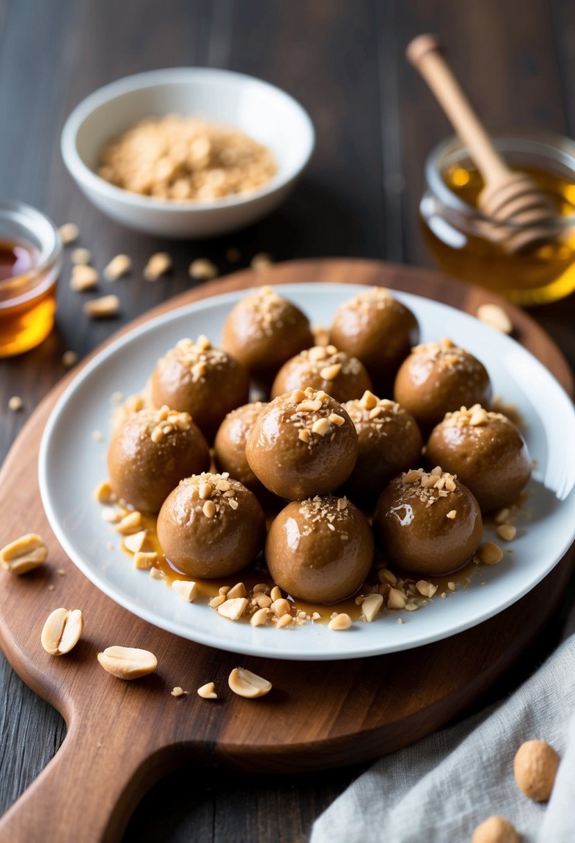 A plate of Halal Peanut Butter Balls arranged on a wooden serving board with a dollop of honey and a sprinkling of crushed peanuts