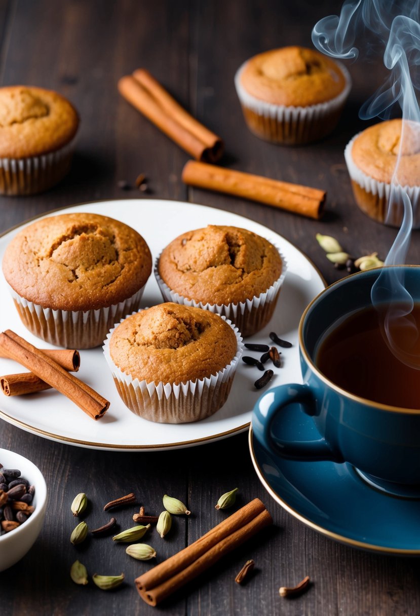 A plate of Chai Spice Muffins surrounded by ingredients like cinnamon sticks, cardamom pods, and cloves, with a steaming cup of chai tea nearby