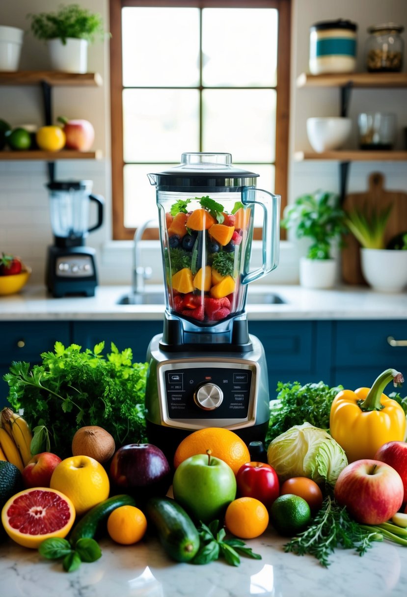 A vibrant array of fruits, vegetables, and herbs surround a blender on a kitchen counter, ready to be transformed into healthy drink recipes