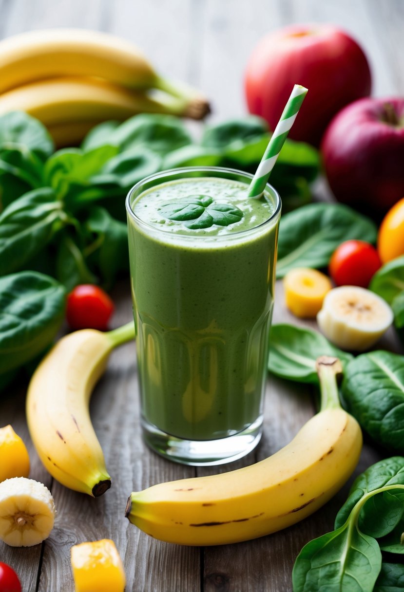 A glass of green spinach and banana smoothie surrounded by fresh fruits and vegetables