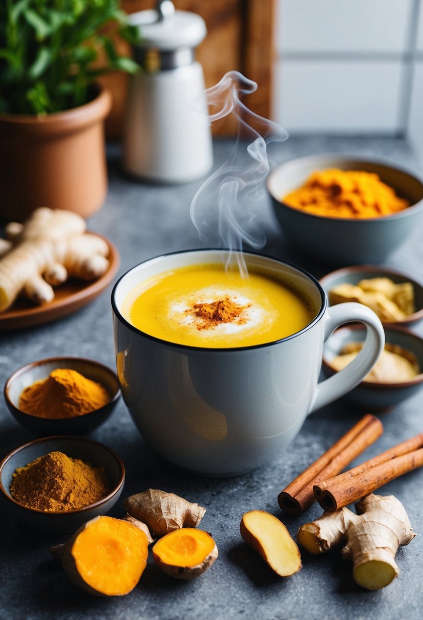 A cozy kitchen with a steaming mug of turmeric latte surrounded by fresh ingredients like turmeric, ginger, and cinnamon