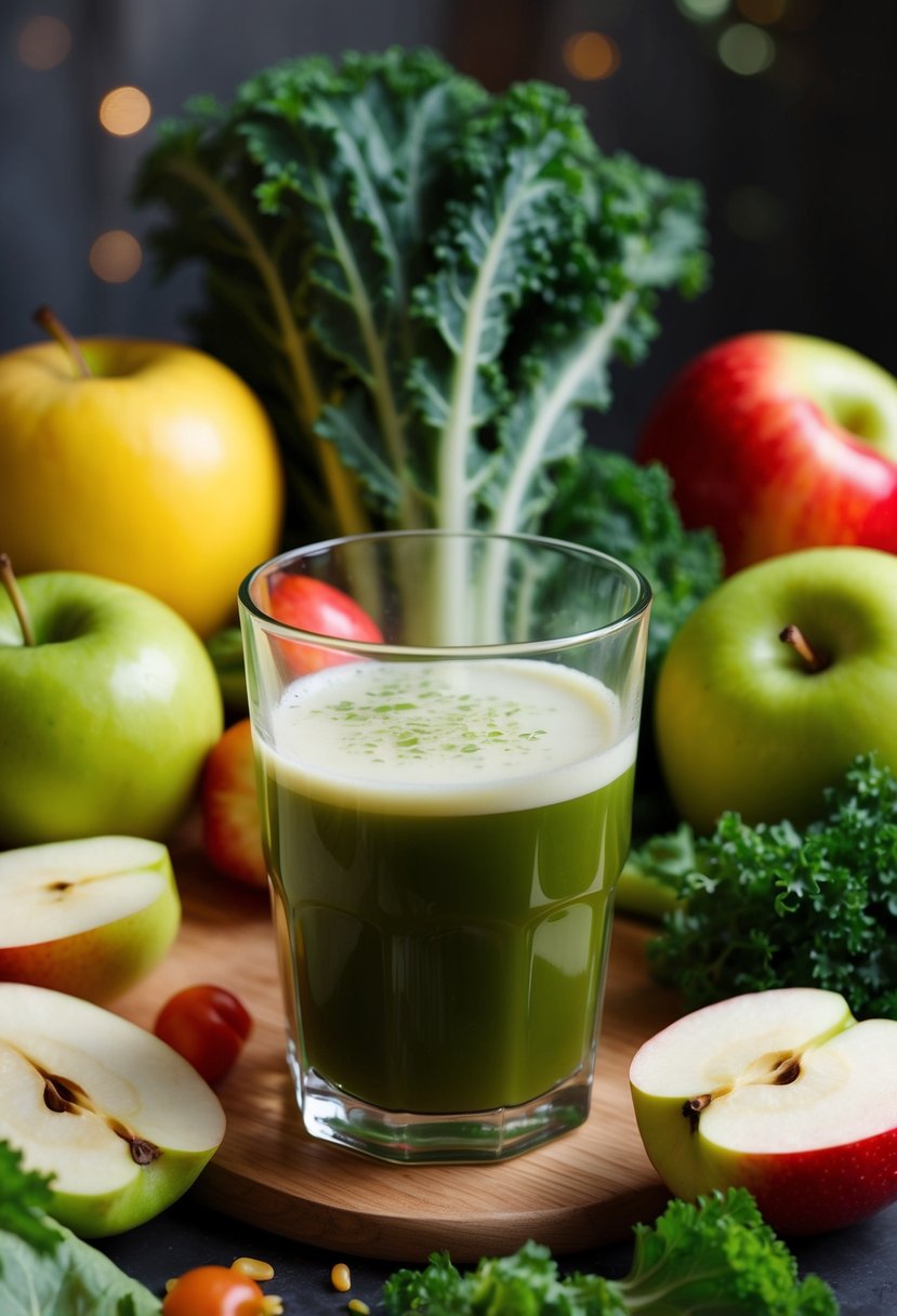 A glass of kale and apple juice surrounded by fresh fruits and vegetables