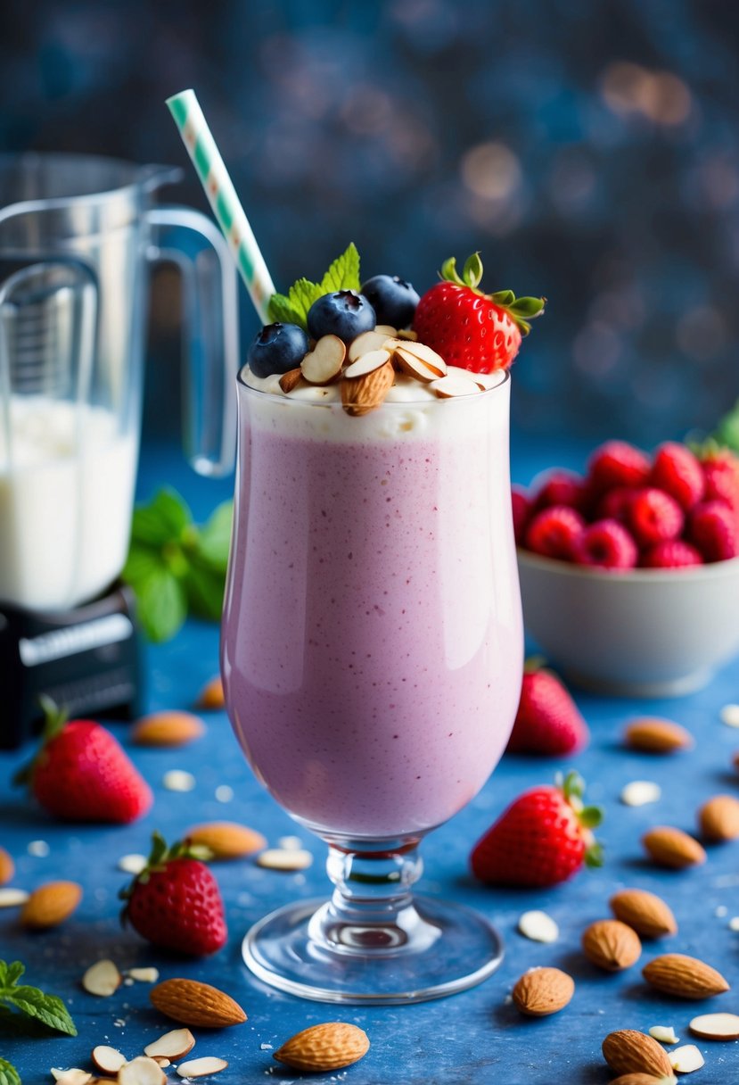 A glass filled with a creamy berry almond milkshake topped with fresh berries and almonds, surrounded by scattered ingredients and a blender