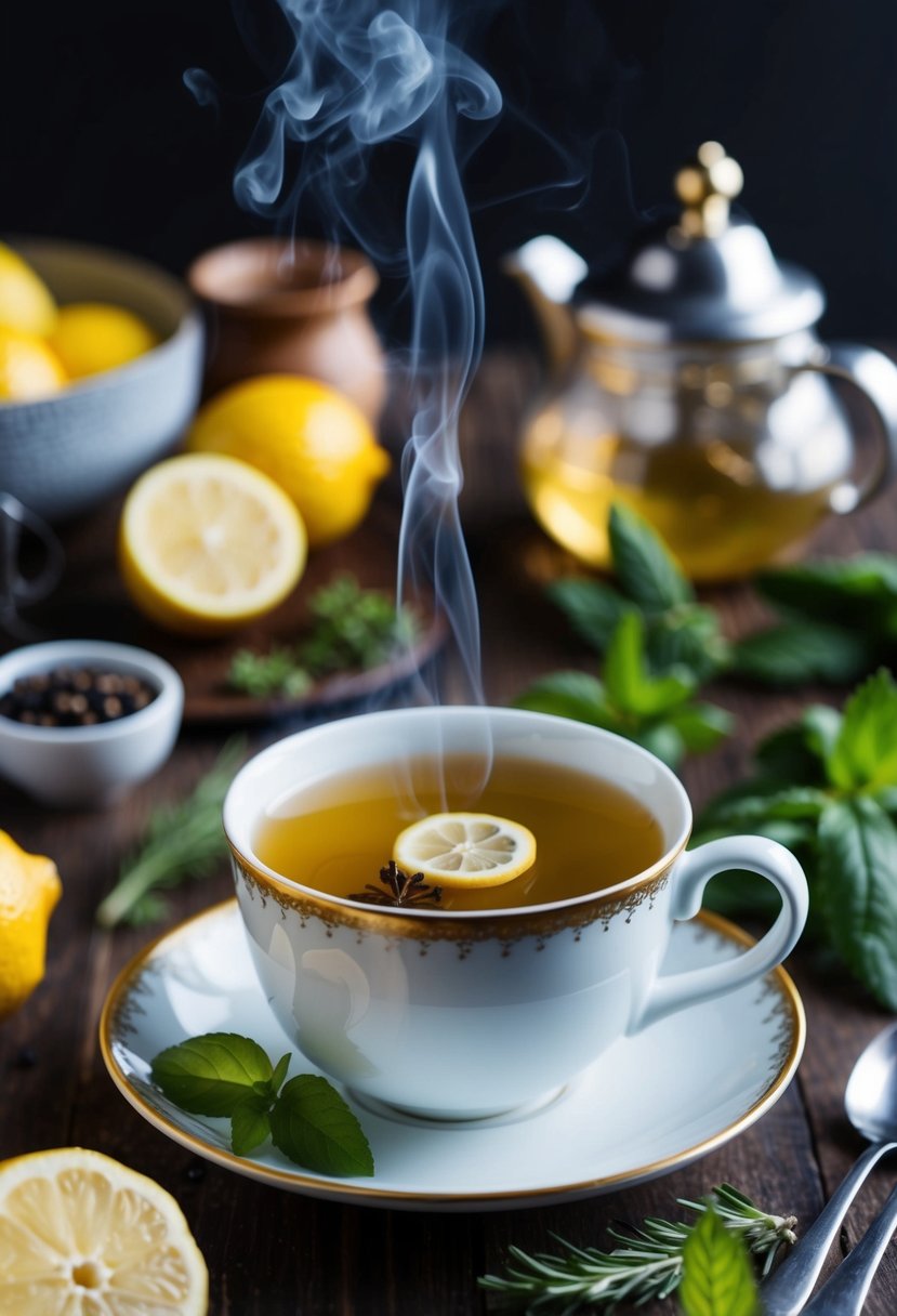 A steaming cup of herbal lemon tea surrounded by fresh ingredients and a cozy atmosphere