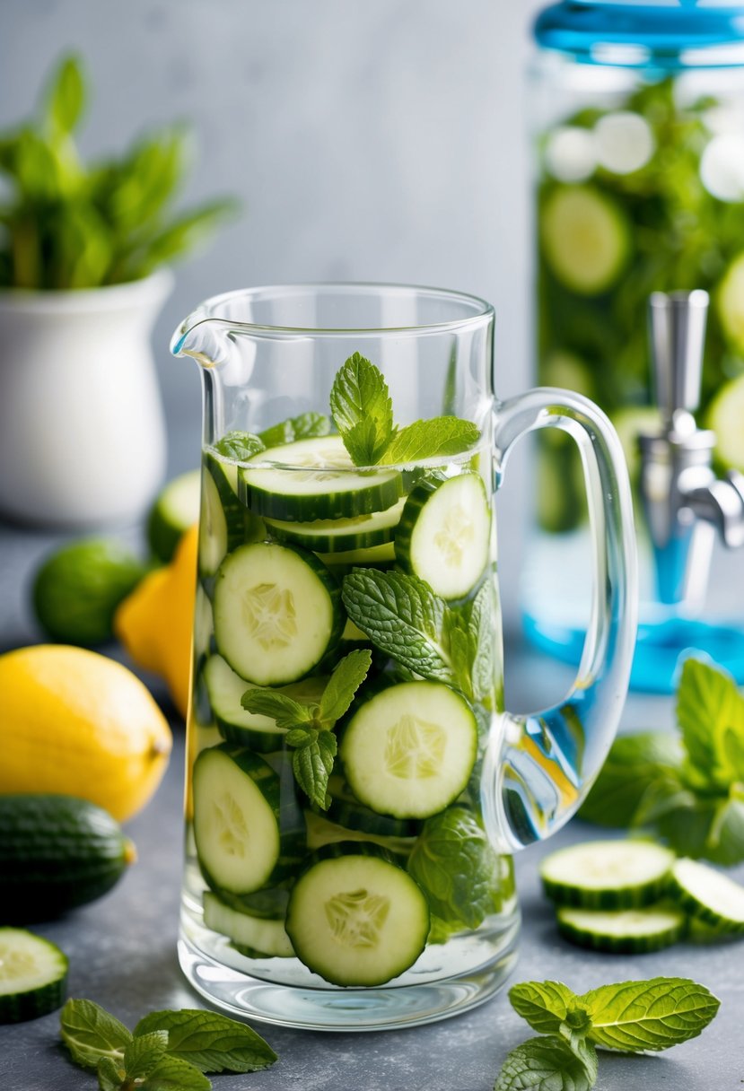 A glass pitcher filled with cucumber slices and mint leaves, surrounded by fresh ingredients and a water dispenser