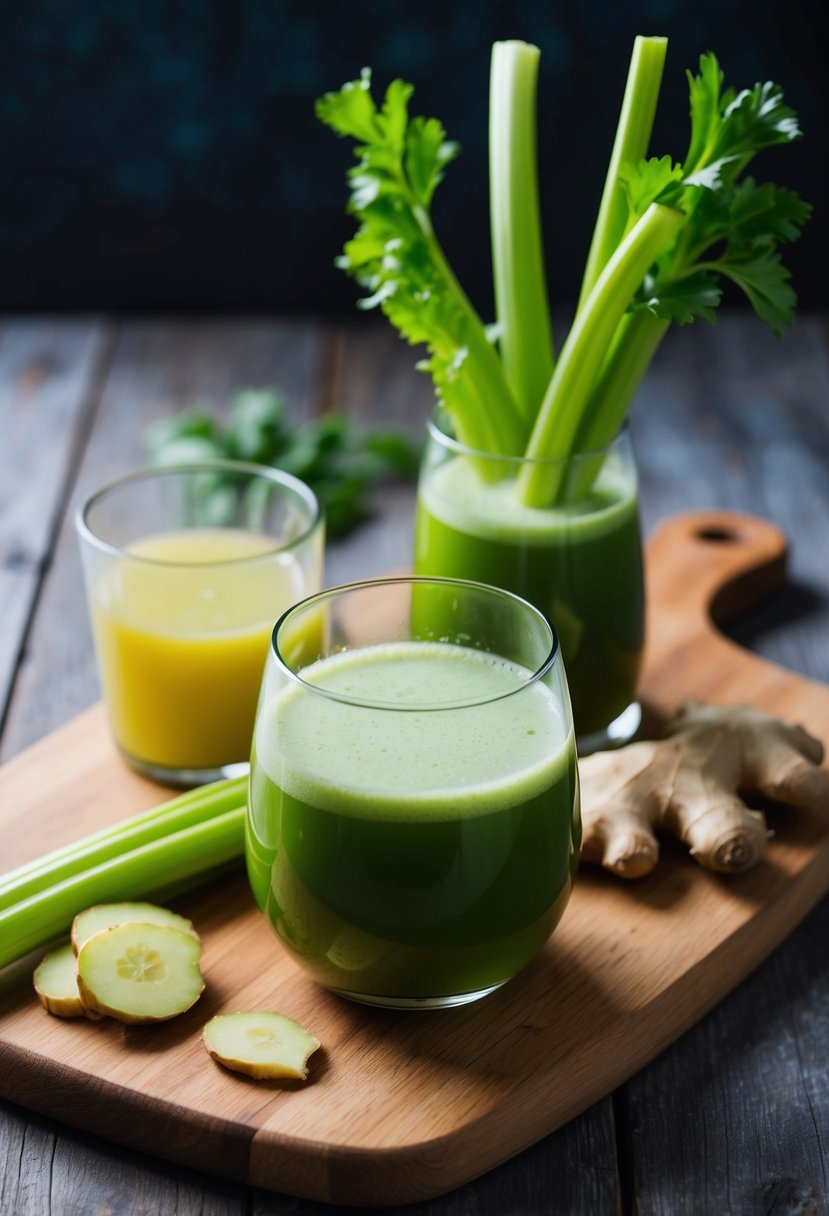 A glass of ginger celery detox juice surrounded by fresh ginger and celery stalks on a wooden cutting board