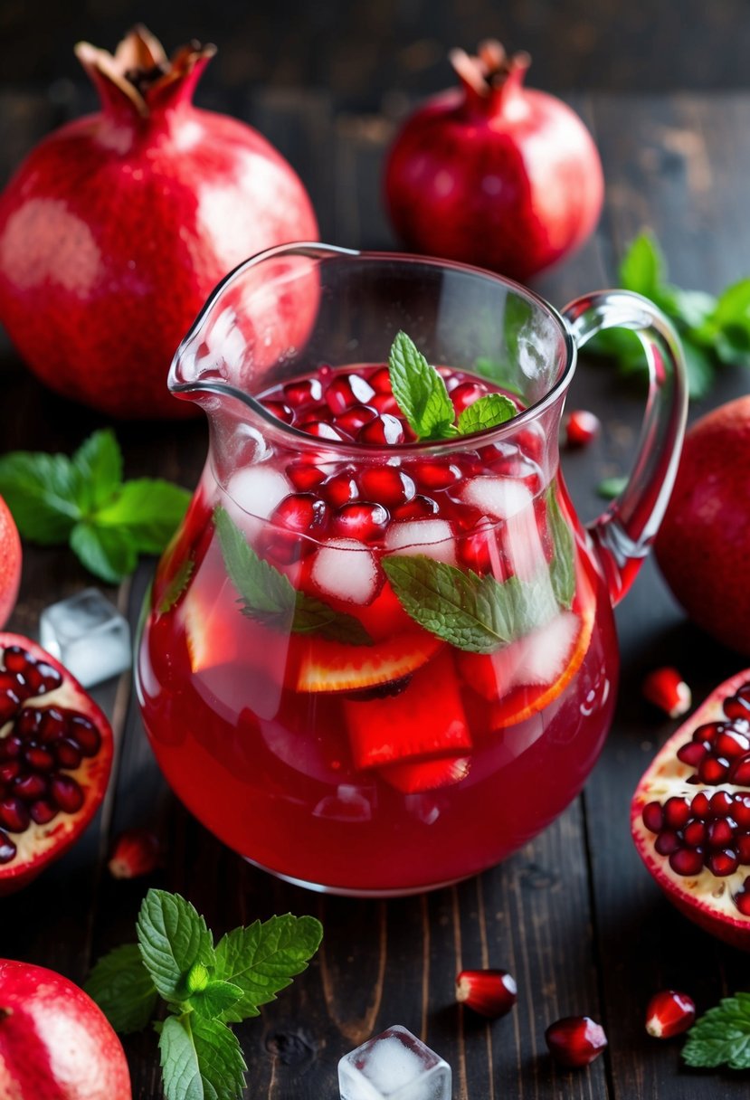 A glass pitcher filled with vibrant red pomegranate punch surrounded by fresh pomegranate fruits, mint leaves, and ice cubes on a wooden table