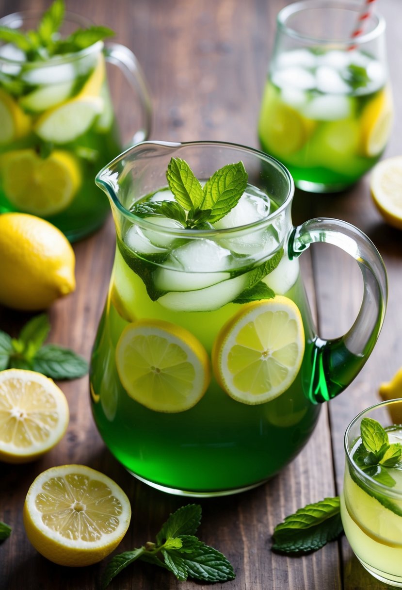 A glass pitcher filled with iced green tea lemonade surrounded by fresh lemon slices and mint leaves on a wooden table