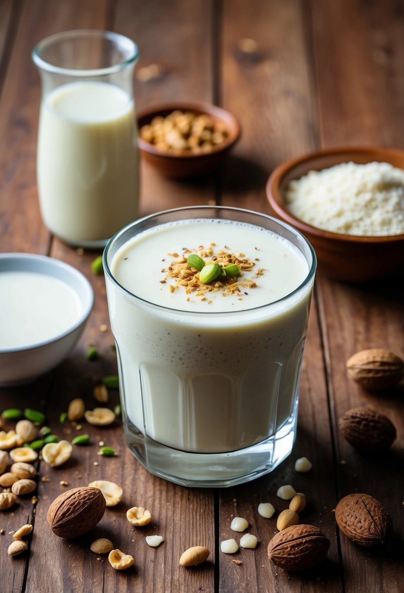 A glass of creamy ragi milk delight surrounded by scattered ingredients like ragi flour, milk, and nuts on a wooden table