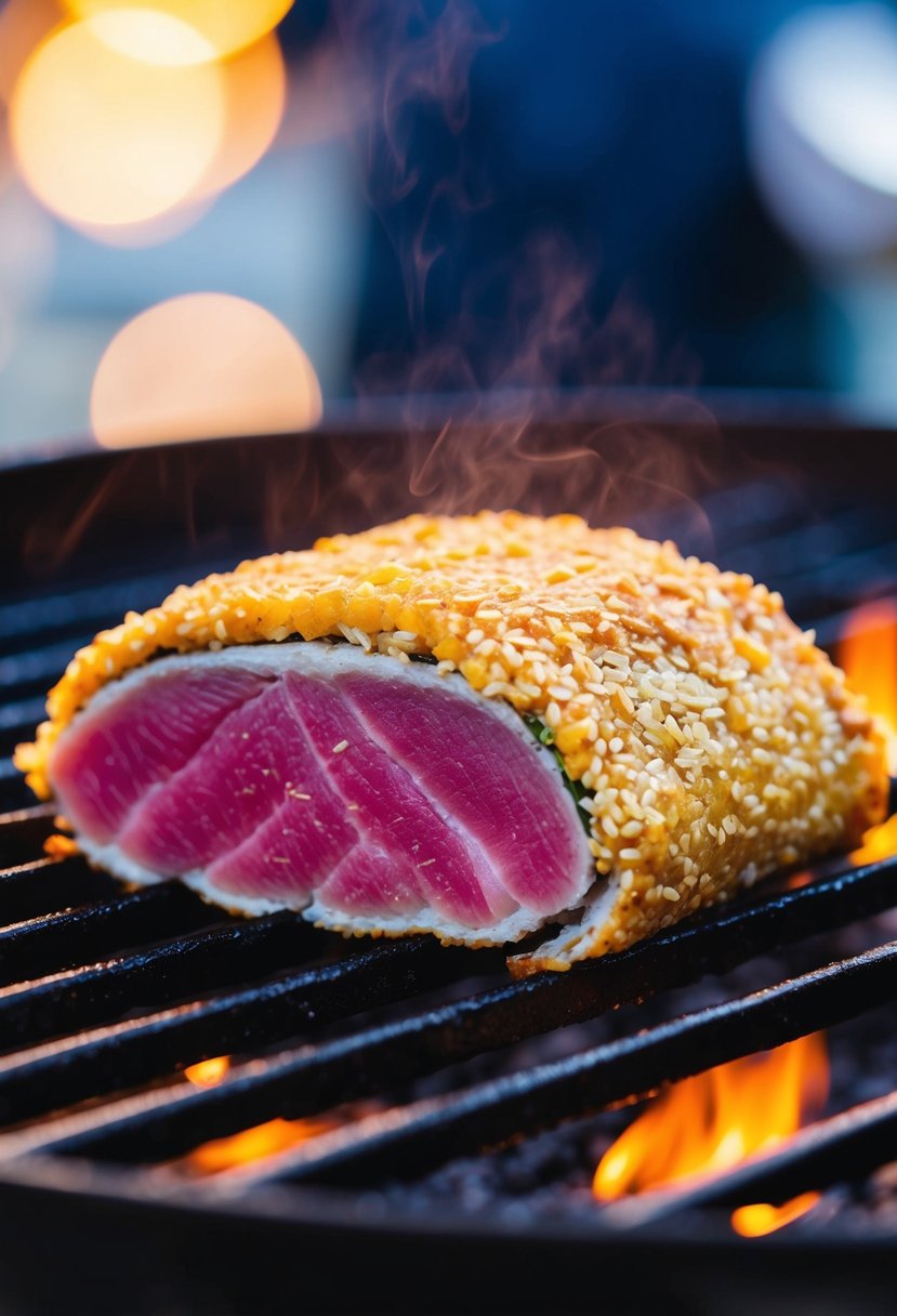 A piece of sesame-crusted tuna sizzling on a hot grill, with a golden brown crust and a juicy pink center