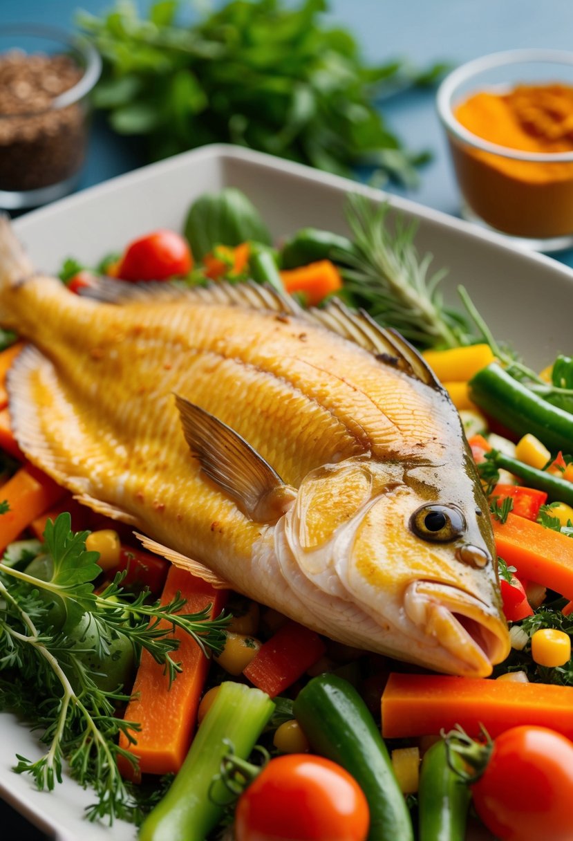 A golden-brown tilapia fillet sits on a bed of colorful vegetables, surrounded by fresh herbs and spices