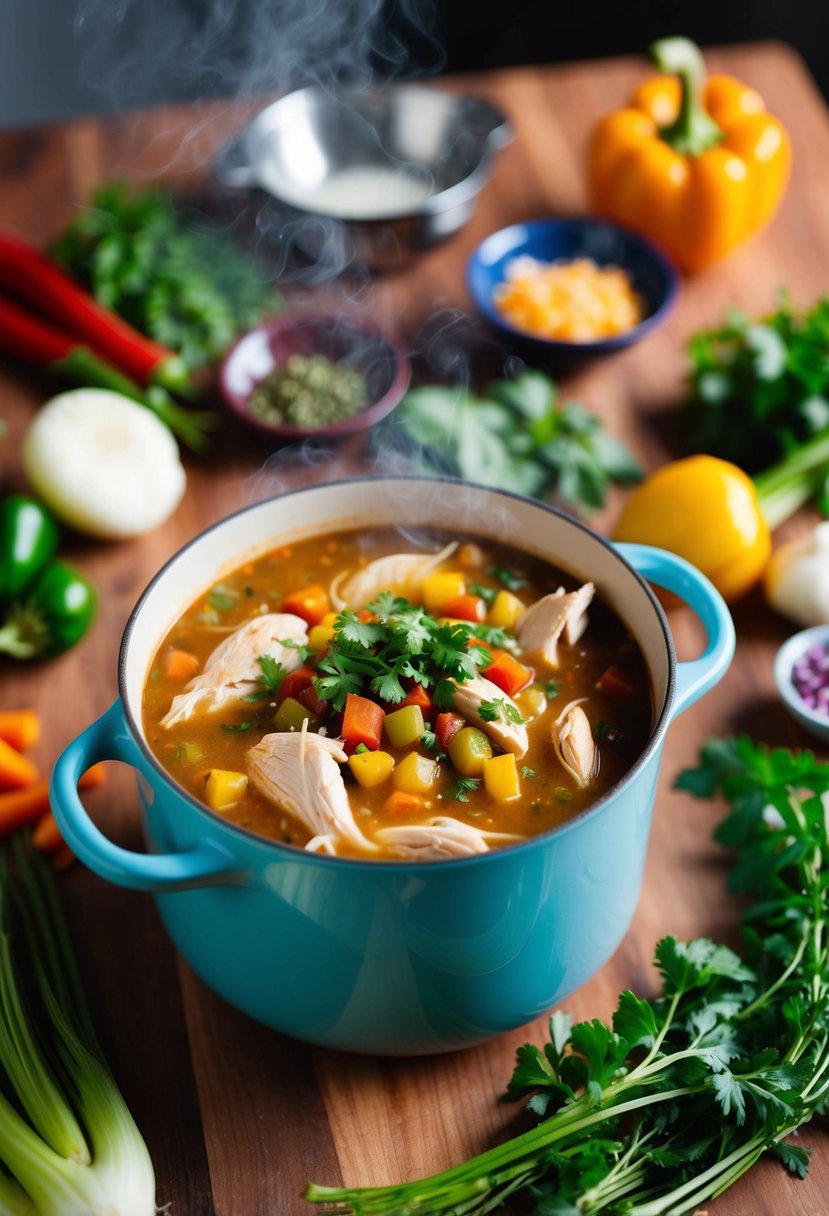 A steaming pot of white chicken chili surrounded by colorful vegetables and herbs on a wooden kitchen counter