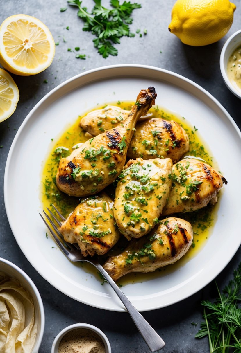 A plate of grilled chicken marinating in a lemon tahini sauce, surrounded by ingredients like lemons, tahini, and herbs