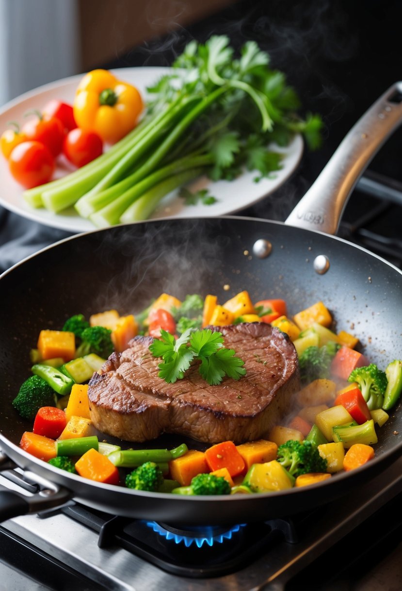 A sizzling stir fry pan with colorful vegetables and juicy steak cooking over a low-fat, high-protein meal