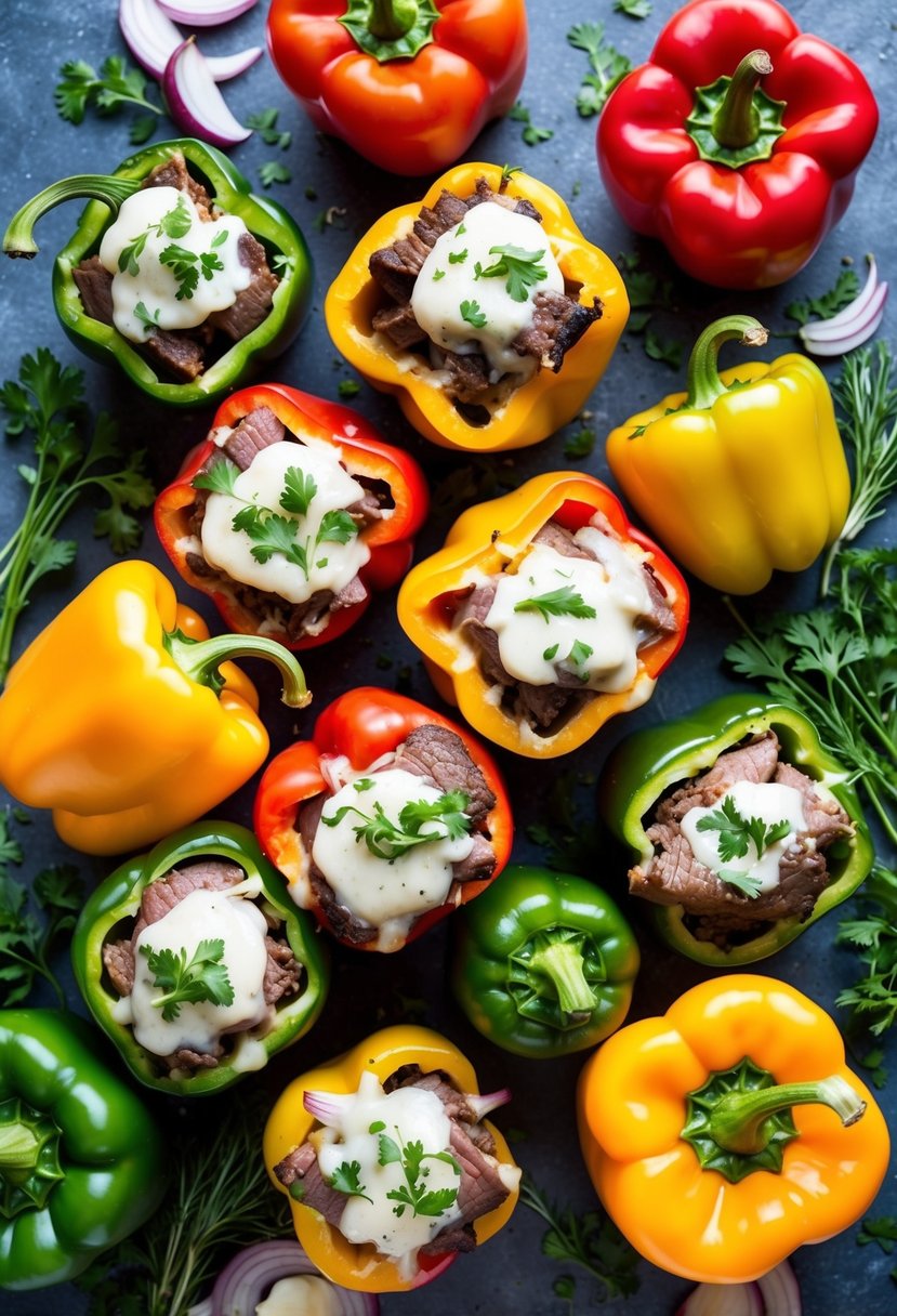 A colorful array of bell peppers stuffed with lean steak, melted cheese, and savory onions, surrounded by fresh herbs and spices