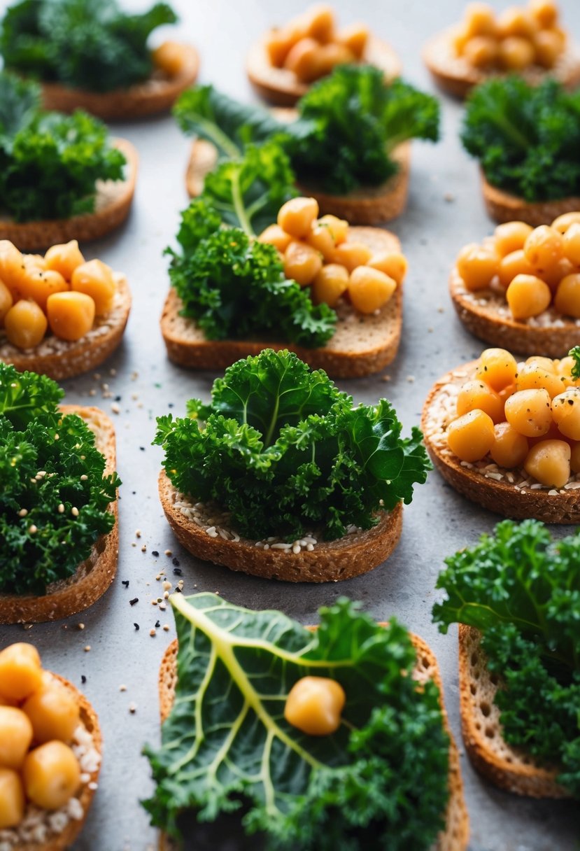 A colorful array of kale leaves and chickpeas arranged on whole grain toasts, with a sprinkle of seasoning on top