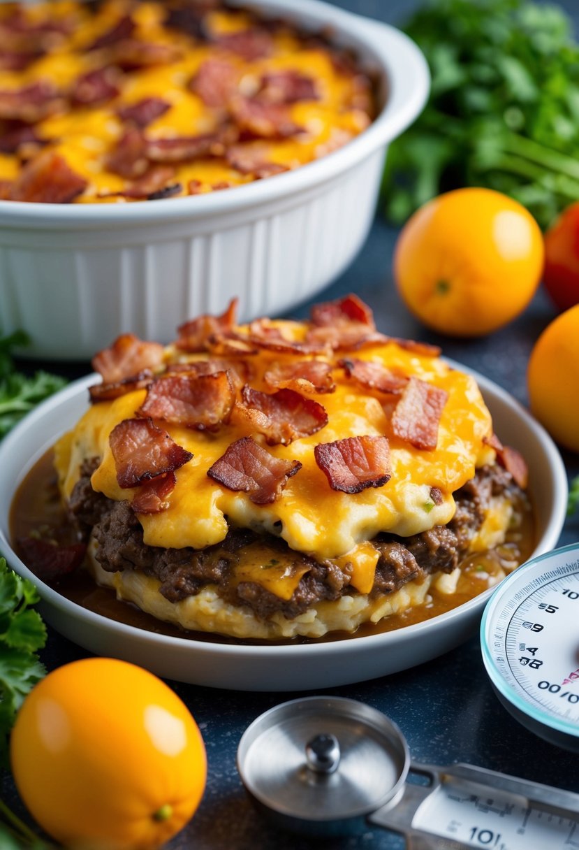 A sizzling bacon cheeseburger casserole surrounded by fresh ingredients and a measuring scale