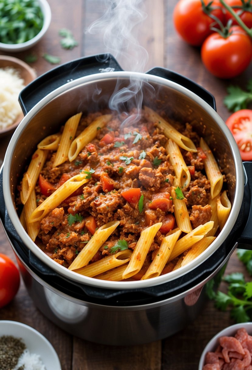 A steaming pressure cooker filled with penne pasta in a rich, meaty sauce, surrounded by ingredients like lean ground beef, tomatoes, and herbs