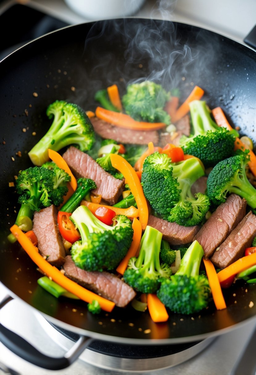 A sizzling wok filled with colorful broccoli florets, tender strips of beef, and a medley of vibrant vegetables, emitting a tantalizing aroma