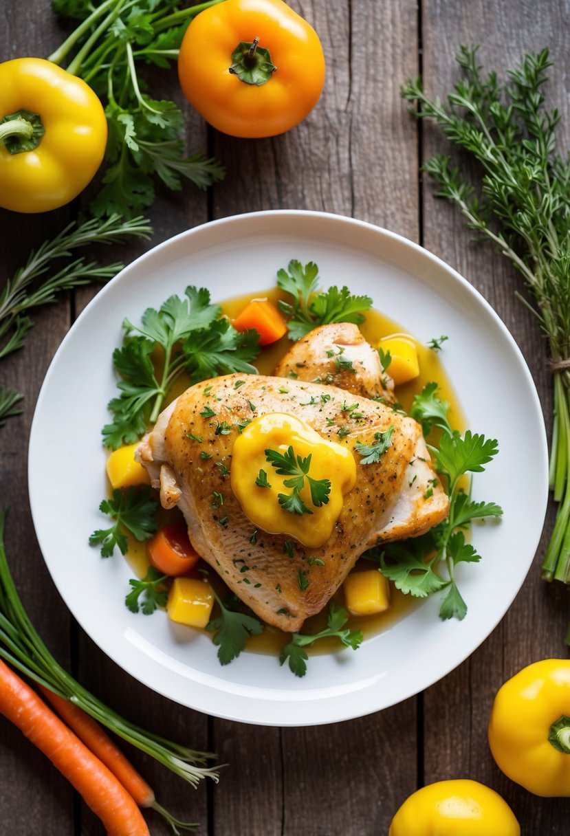 A plate of honey mustard chicken surrounded by fresh herbs and colorful vegetables on a rustic wooden table