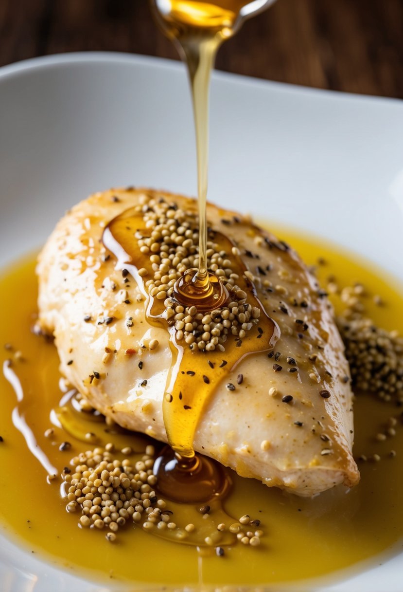 A sizzling chicken breast coated in creamy honey dijon sauce, surrounded by a drizzle of honey and a sprinkle of whole mustard seeds