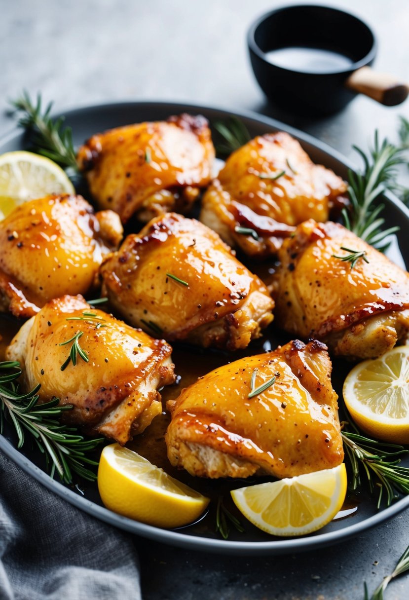 A platter of golden-brown honey mustard chicken thighs, glistening with a sticky glaze, surrounded by sprigs of fresh rosemary and wedges of lemon