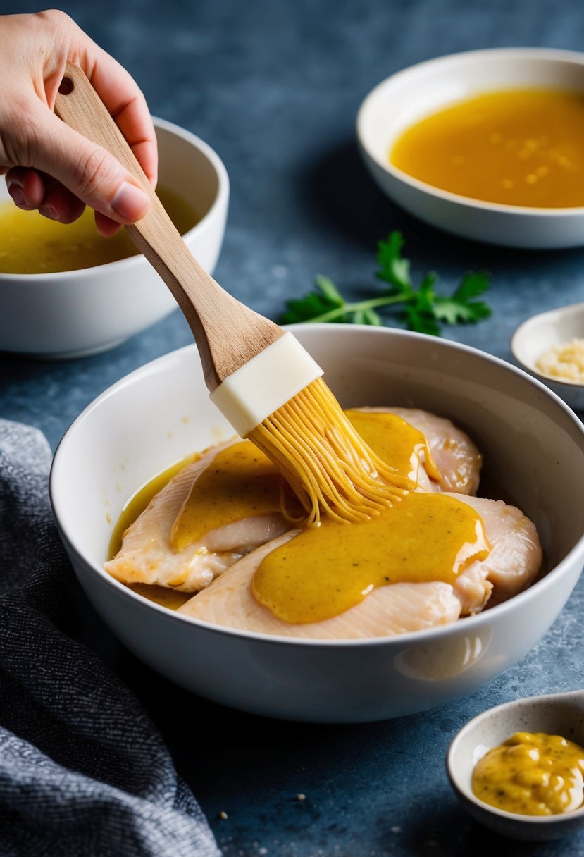 A bowl of honey mustard garlic marinade being brushed onto chicken breasts