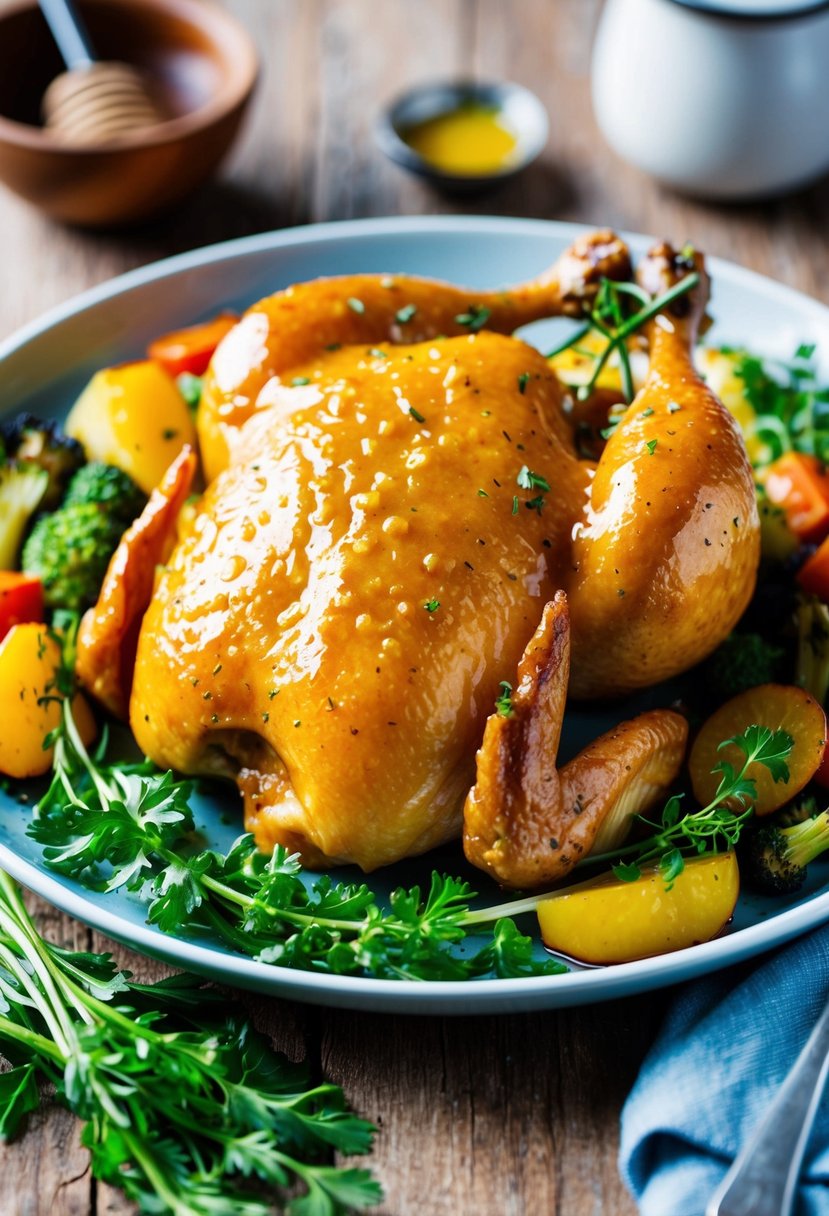 A platter of honey mustard glazed chicken, glistening with a sticky, golden glaze, surrounded by vibrant green herbs and colorful roasted vegetables