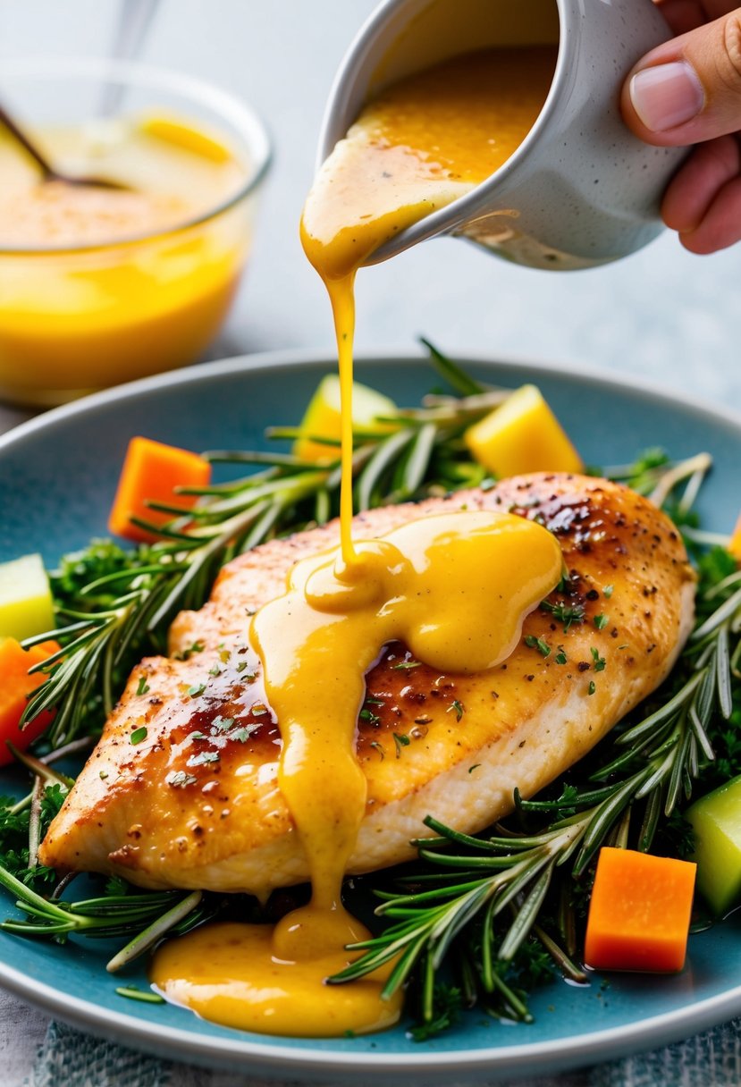 A sizzling honey mustard chicken breast on a bed of rosemary, surrounded by colorful vegetables and drizzled with golden honey mustard sauce