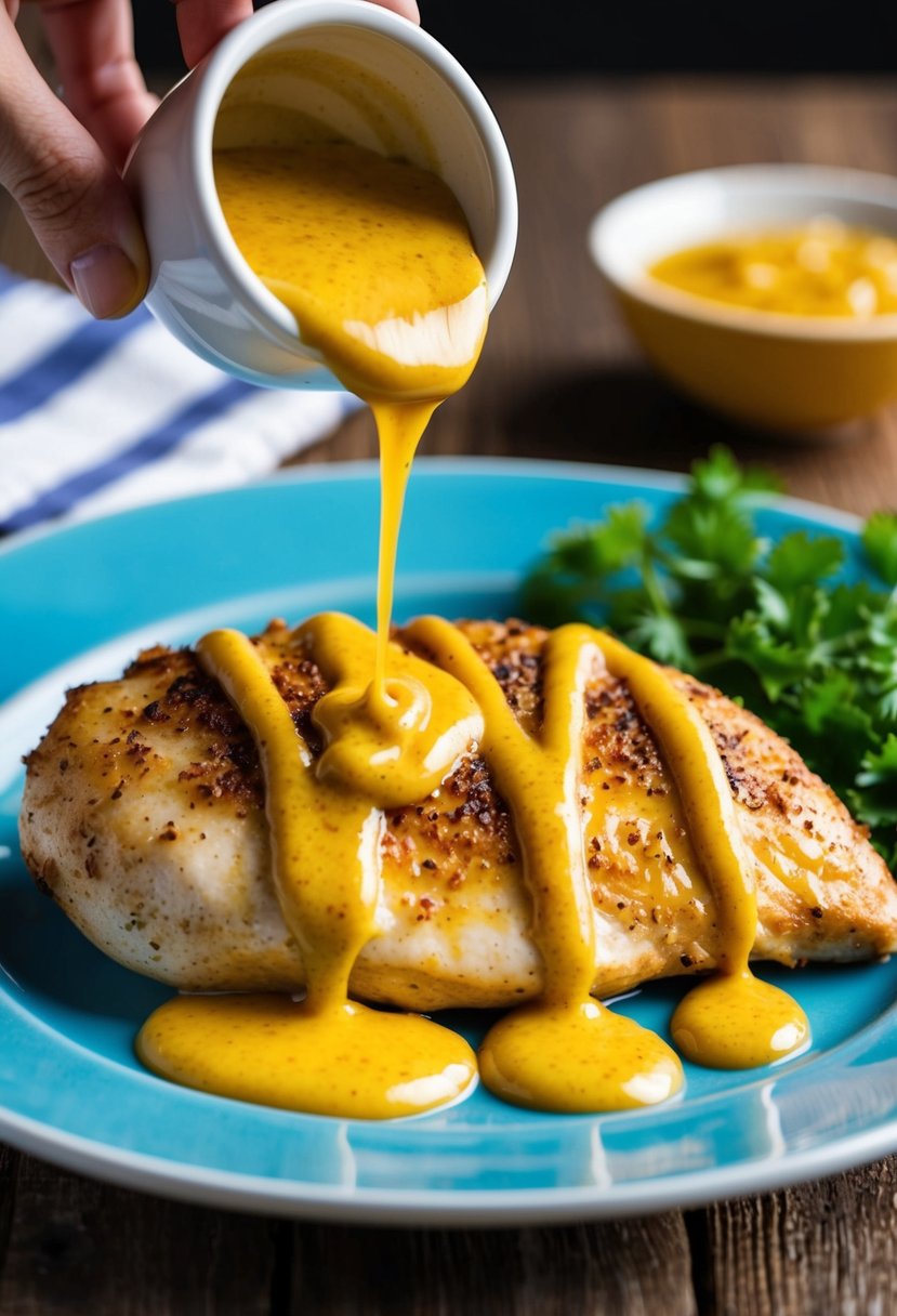 A sizzling chicken breast coated in a blend of Dijon and whole grain mustard, drizzled with honey mustard sauce