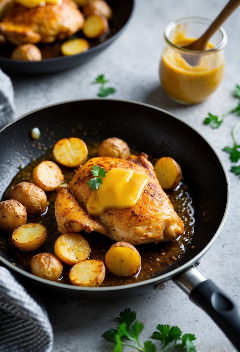 A sizzling pan with golden-brown chicken and crispy roasted potatoes, glazed with a rich honey mustard sauce